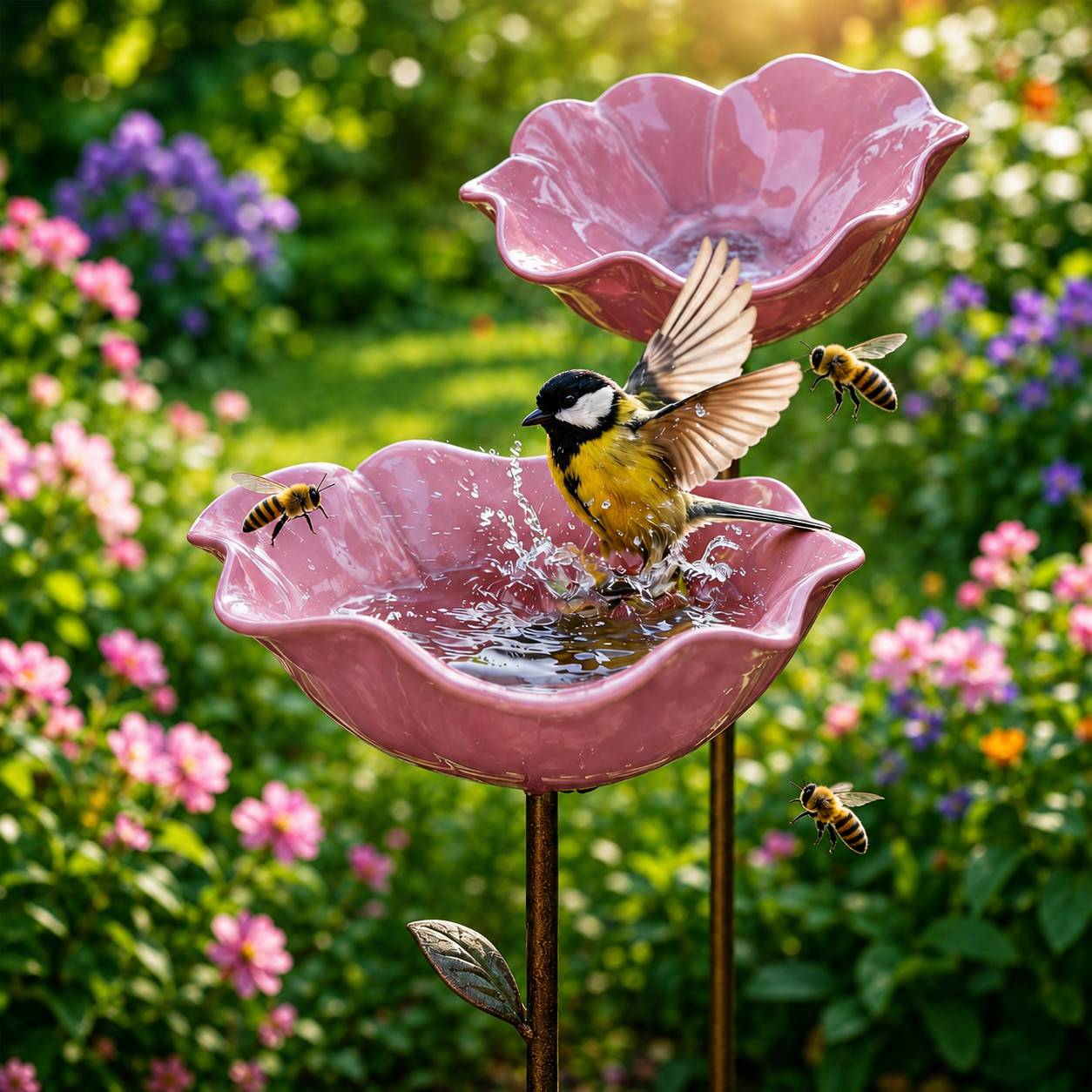 Ein kleiner Vogel planscht in einem rosa zweistöckigen Vogelbad, während Bienen in der Nähe in einem farbenfrohen Garten mit Blumen schweben.