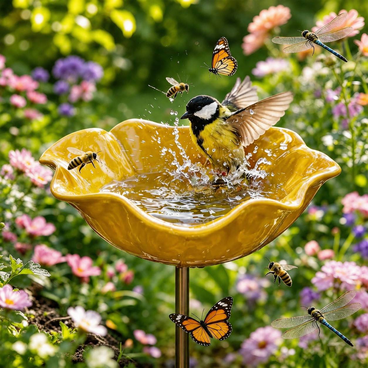 Ein Vogel plätschert in einem gelben Gartenvogelbad, umgeben von Bienen, Schmetterlingen und Libellen in einem blütenreichen Garten.
