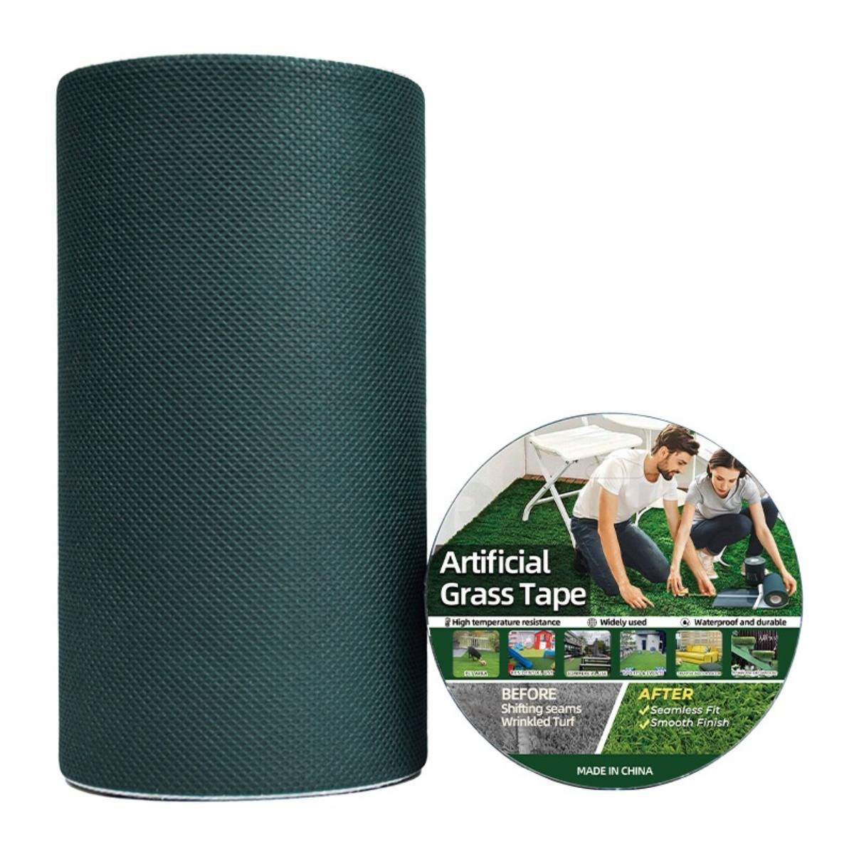 Rolle aus dunkelgrünem Kunstrasentape mit rundem Etikett, das die Produktanwendung und vorher-nachher Reparatur von Rasennahtverbindungen zeigt.
