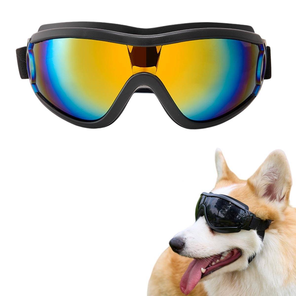 Schwarze verspiegelte Skibrillen, oben über einem Corgi gezeigt, der sie trägt und die Verwendung von Brillen in Haustierrgröße demonstriert.