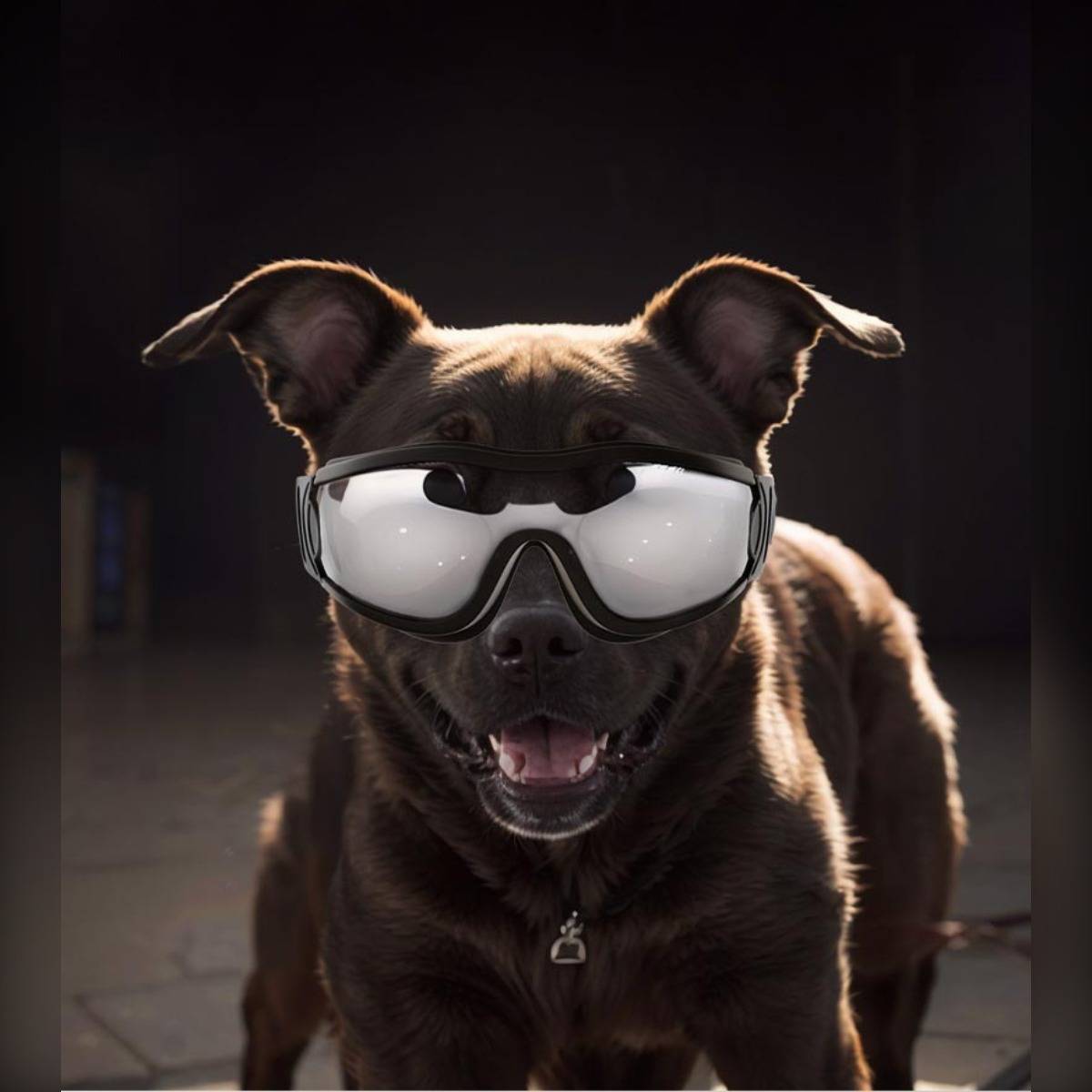 Ein brauner Hund mit großen reflektierenden Schutzbrille, der die Kamera anschaut, vor dunklem Hintergrund.