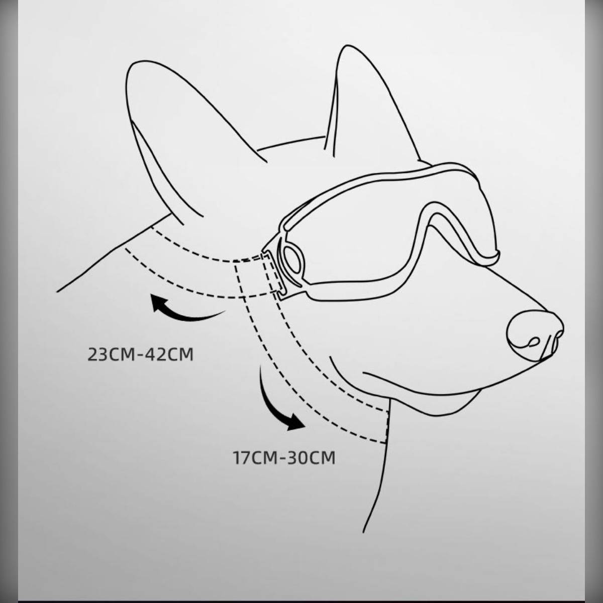 Strichzeichnung eines Hundes mit Schutzbrille, mit Pfeilen und Größenbereichen, die verstellbare Kopf- und Nackengurte zeigen: 23CM-42CM und 17CM-30CM.