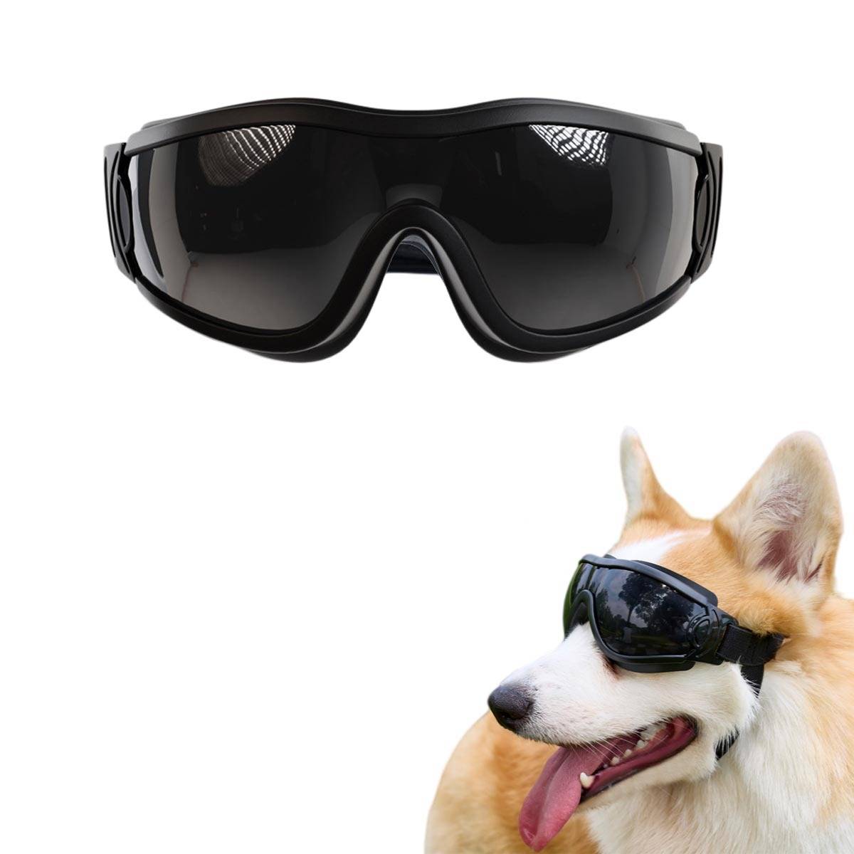 Schwarze Wrap-around-Schutzbrille oben gezeigt, mit einem Corgi, der unten rechts eine passende Schutzbrille trägt, auf weißem Hintergrund.