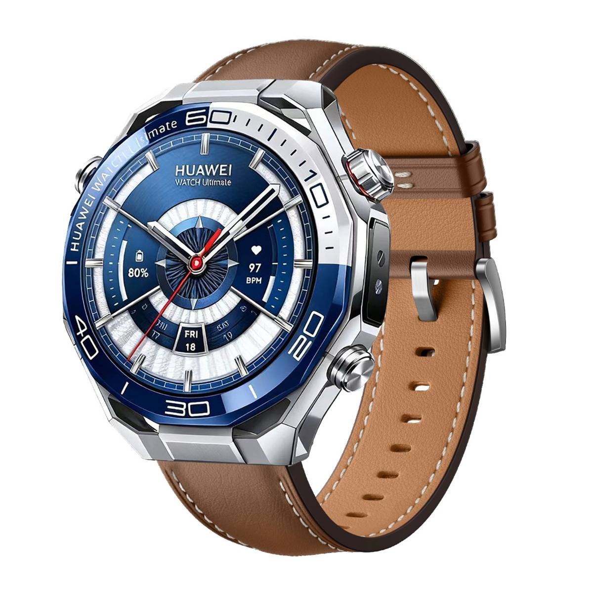 Huawei Watch Ultimate Smartwatch mit blauem Zifferblatt, silbernem Gehäuse und braunem Lederarmband auf weißem Hintergrund dargestellt.