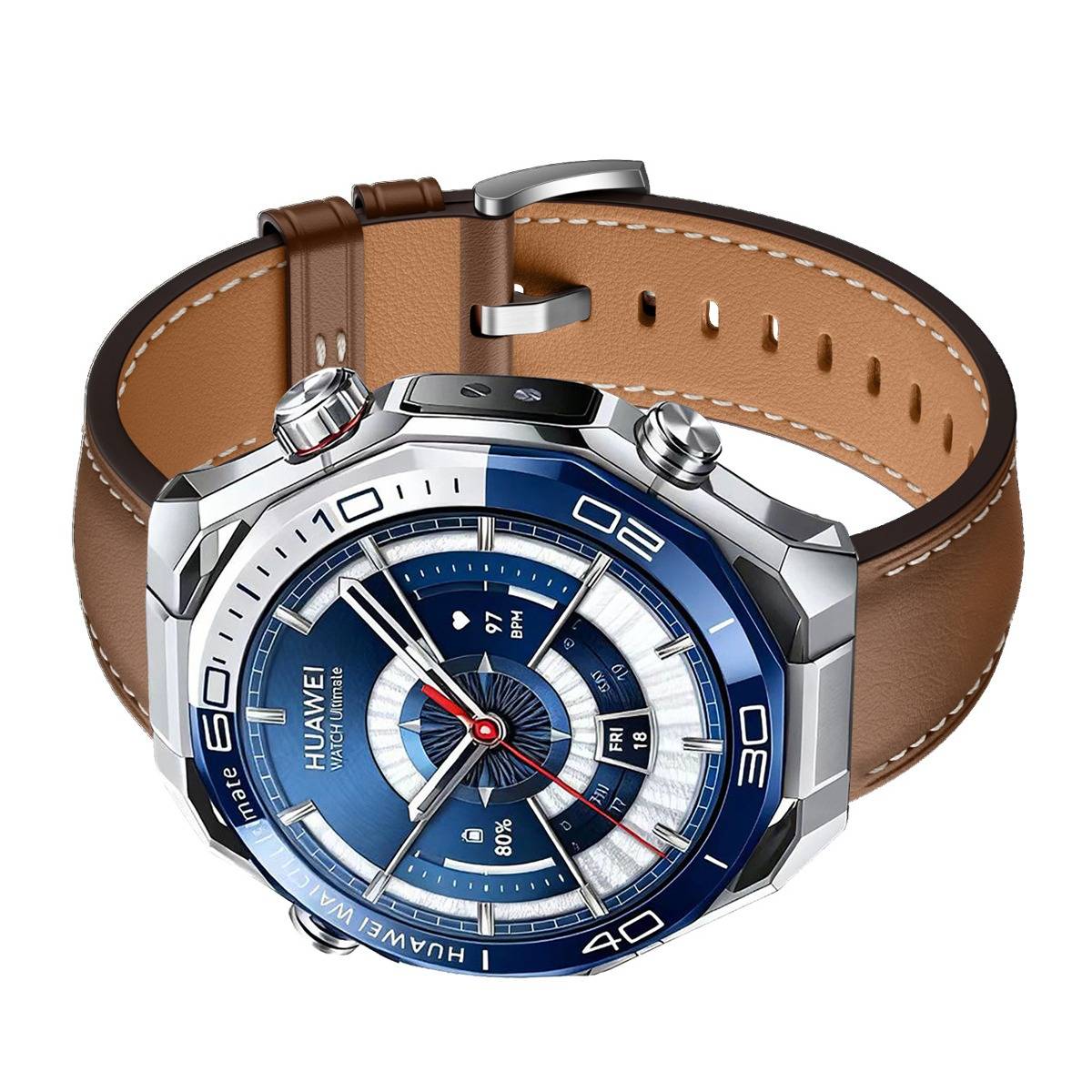 Blaue Huawei-Armbanduhr mit silbernem Gehäuse und braunem Lederarmband, Frontansicht auf weißem Hintergrund gezeigt.