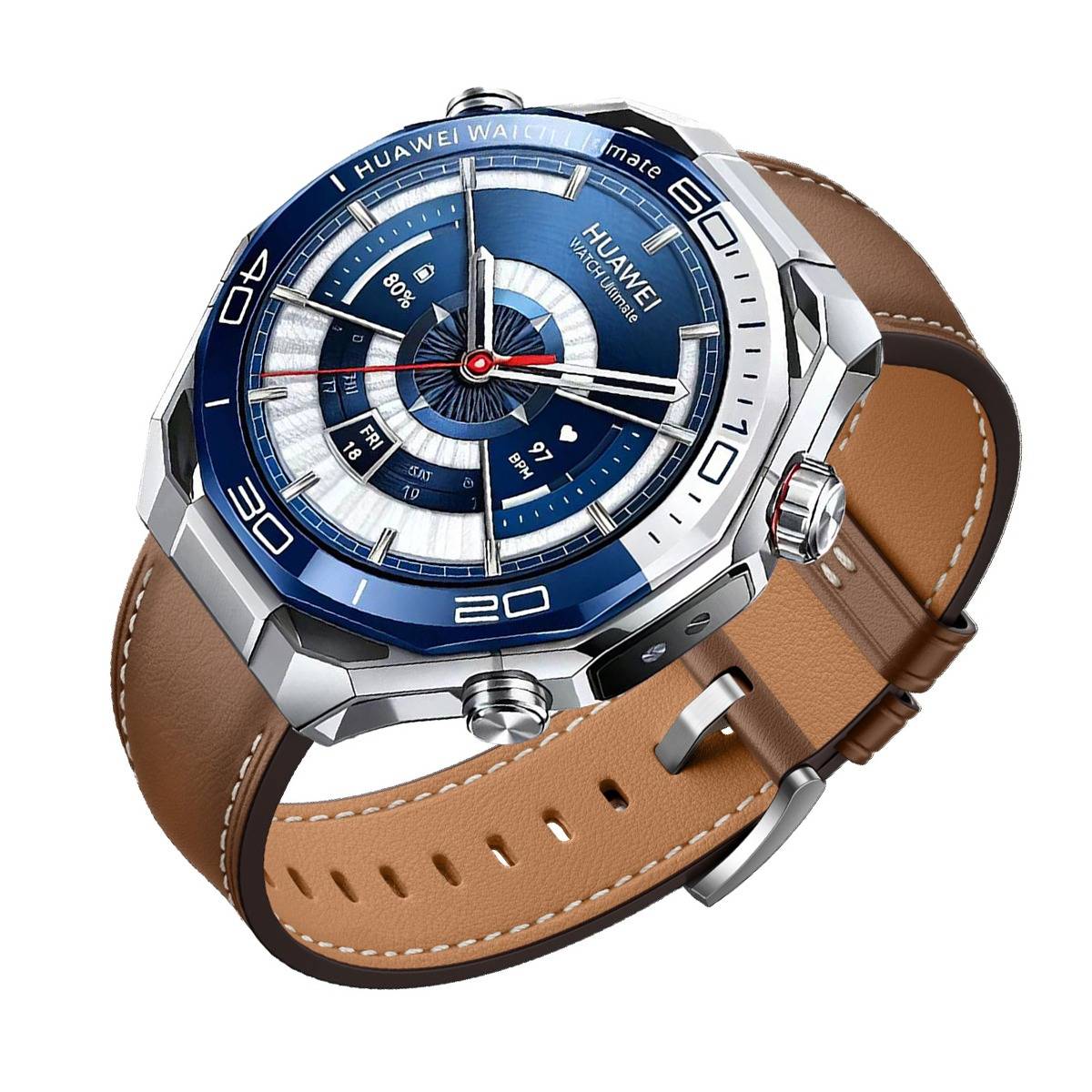 Huawei-Smartwatch mit blauem Analogzifferblatt und braunem Lederarmband, gezeigt auf weißem Hintergrund.