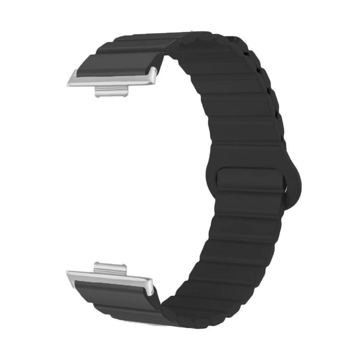 Schwarzes Silikonuhrenarmband mit silbernem Verschluss, isoliert auf weißem Hintergrund dargestellt.