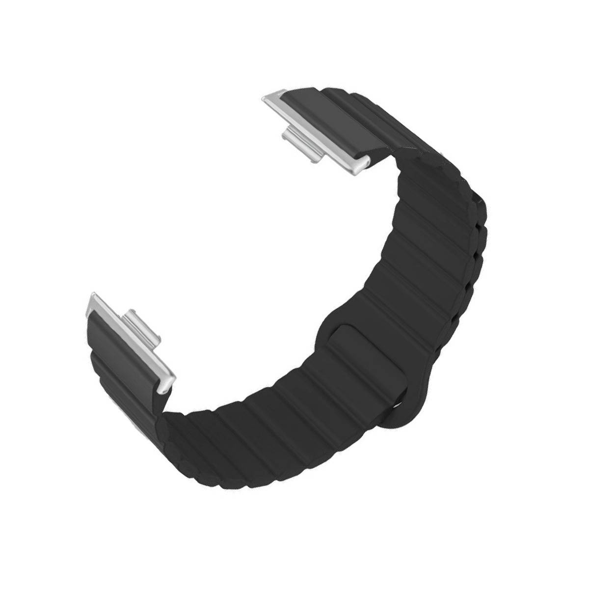 Schwarzes geripptes Armband oder Riemen mit silbernen Metallverschlüssen, gezeigt vor weißem Hintergrund.