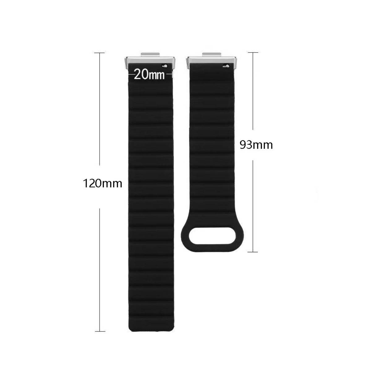 Zwei schwarze Uhrenarmbänder von vorne und hinten gezeigt, mit Maßangaben von 20 mm Breite, 120 mm Länge und 93 mm Länge auf weißem Hintergrund.