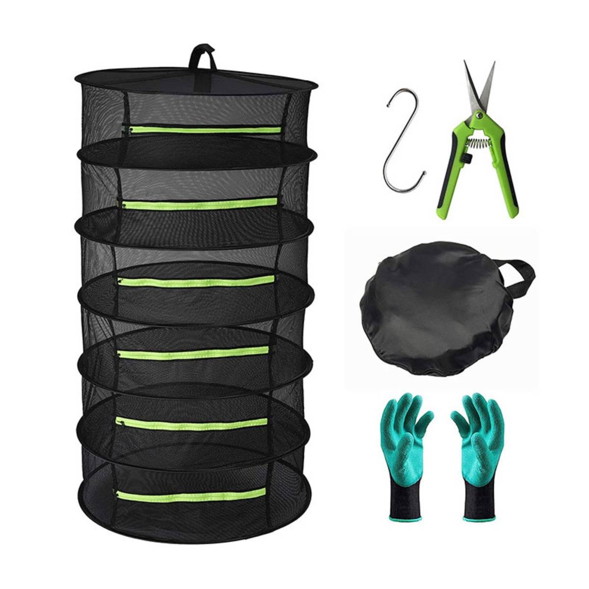 Zusammenklappbares Netz-Trocknungsregal mit sechs Ebenen, plus S-Haken, Gartenschere, Tragetasche und Gartenhandschuhe.