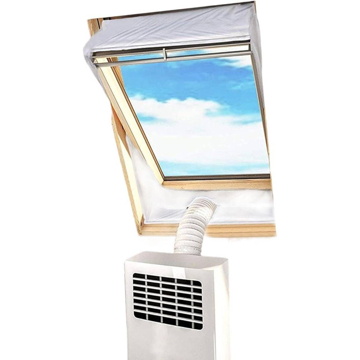 Tragbare Klimaanlage mit Abluftschlauch durch ein Dachflächenfenster mit einem weißen Schlauch