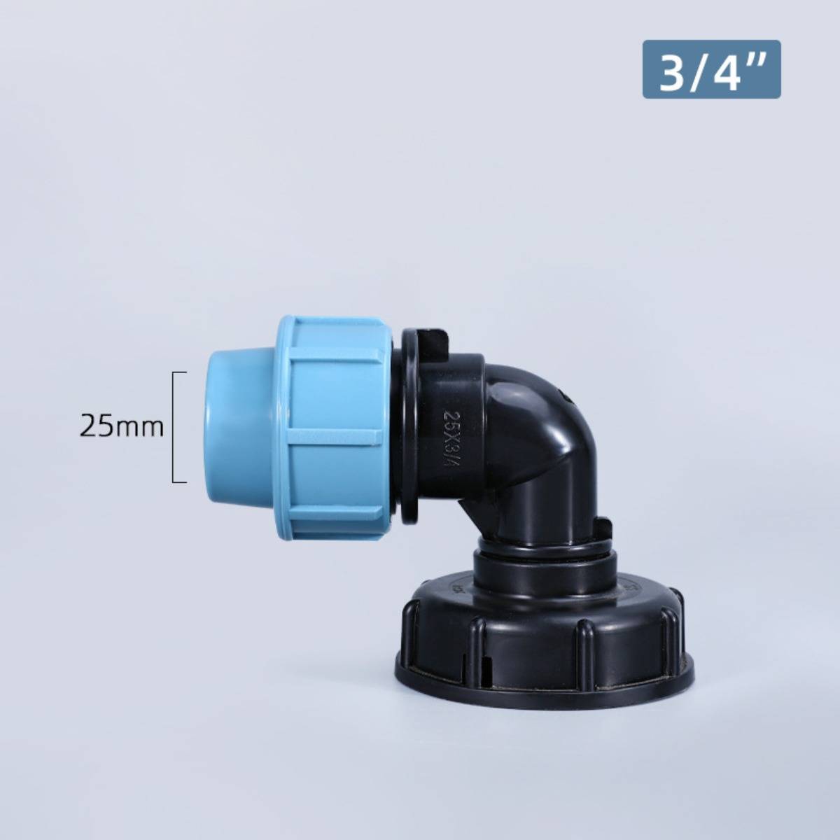 Schwarze 90-Grad-Rohrbogenfittings mit blauem Gewinde-Anschluss, gekennzeichnet mit 25 mm und 3/4 Zoll.