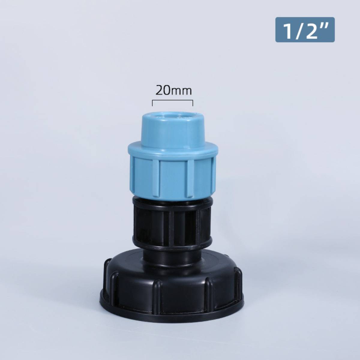 Adapter für Rohrverschraubung in Blau und Schwarz in Vorderansicht, beschriftet mit 20mm und 1/2 Zoll.