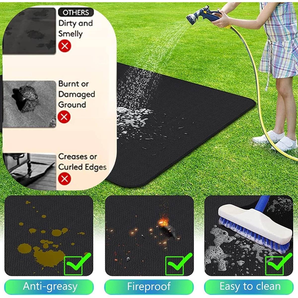 Person sprüht Wasser auf eine schwarze Outdoor-Matte auf Gras; eine Infografik kennzeichnet sie als fettabweisend, feuerbeständig und leicht zu reinigen, im Gegensatz zu schmutzigen, verbrannten oder gewellten Matten.