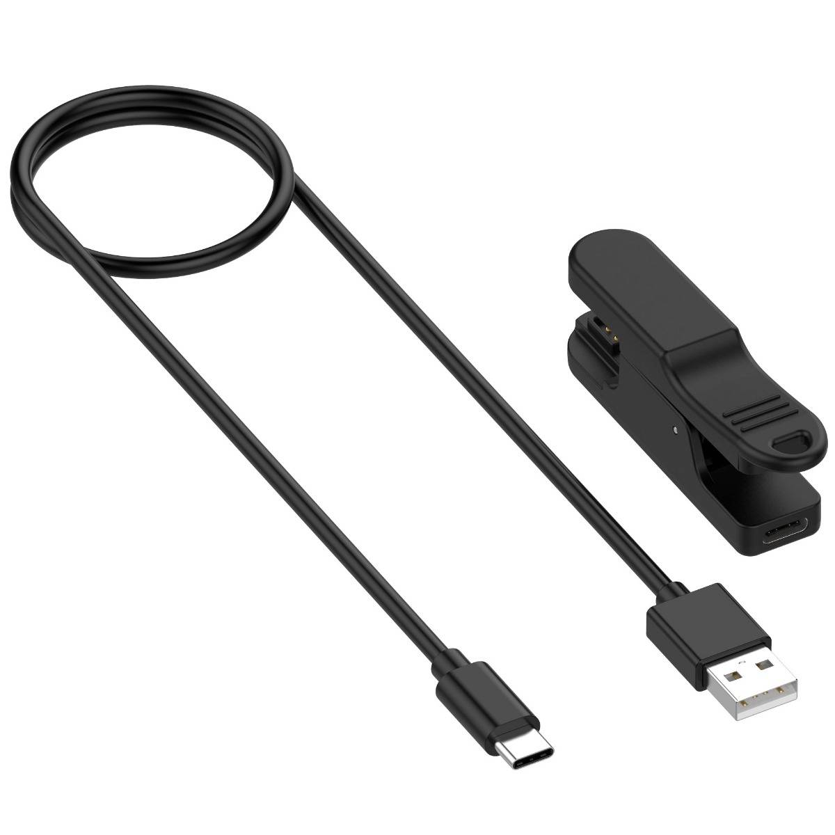 Schwarzes USB-A zu USB-C Ladekabel mit einem beigefügten schwarzen Clip-On-Adapter-Zubehör daneben.