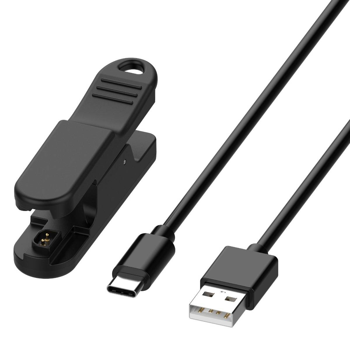 Schwarzes USB-C-Ladekabel mit USB-A-Stecker und Clip-On-Stecker für ein tragbares Gerät, gezeigt auf weißem Hintergrund.