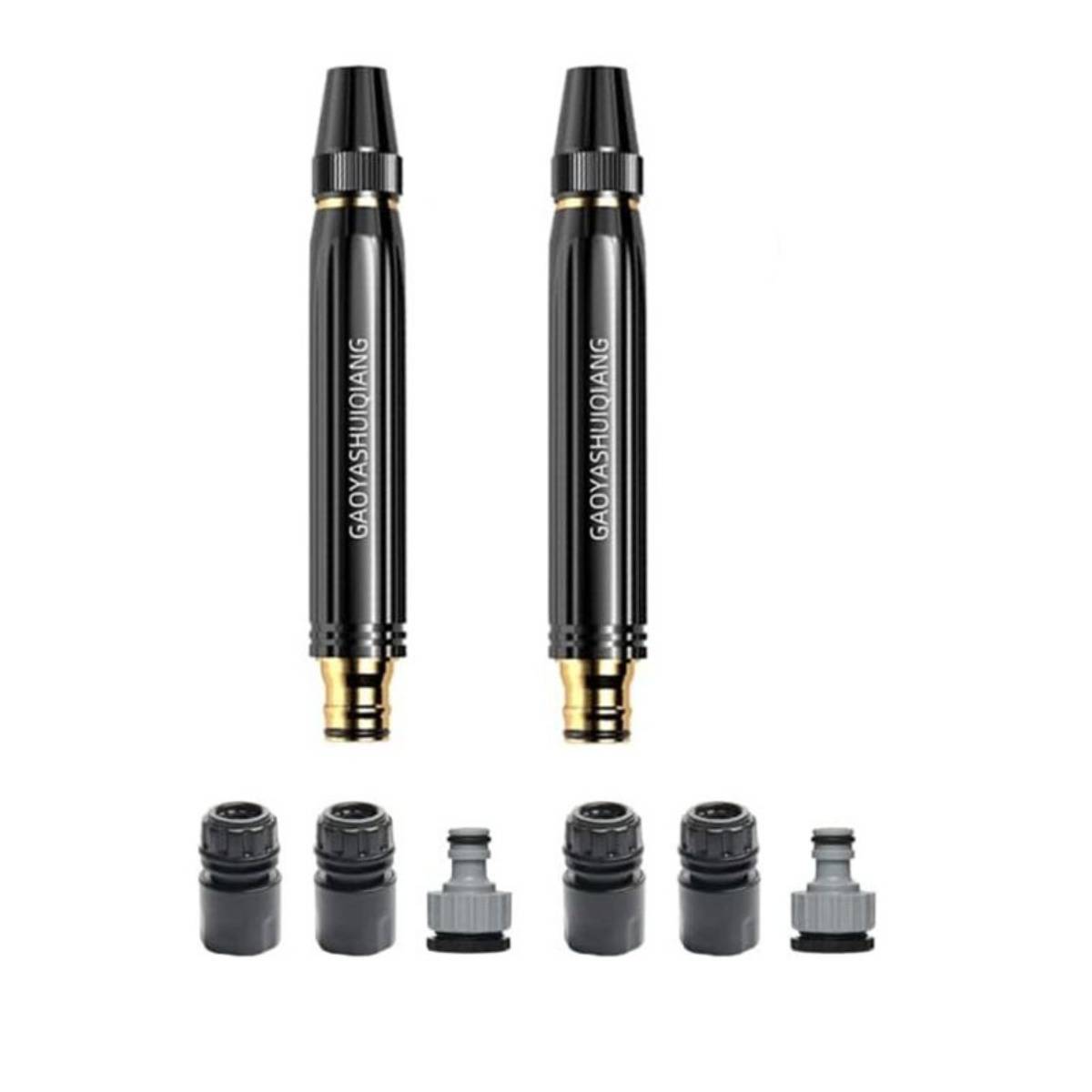 Zwei schwarze zylindrische Vape-Pen-Geräte mit Goldakzenten, jeweils oben über einem Satz von vier kleinen schwarzen und grauen Ersatzteilen auf weißem Hintergrund dargestellt.