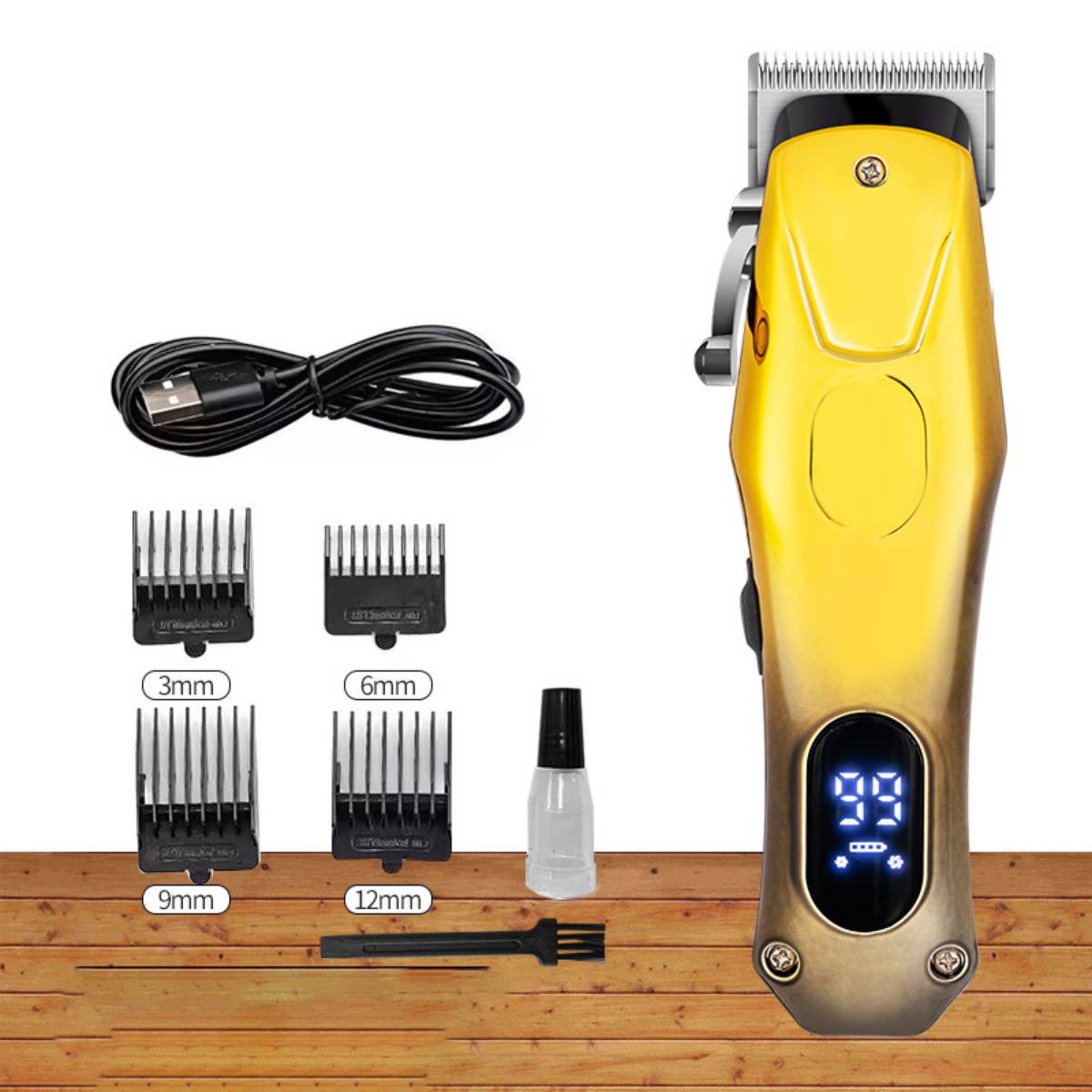 Gelber elektrischer Haarschneider mit LED-Display, USB-Ladekabel, vier Führungskämme mit den Bezeichnungen 3mm, 6mm, 9mm, 12mm, Reinigungsbürste und Ölflasche