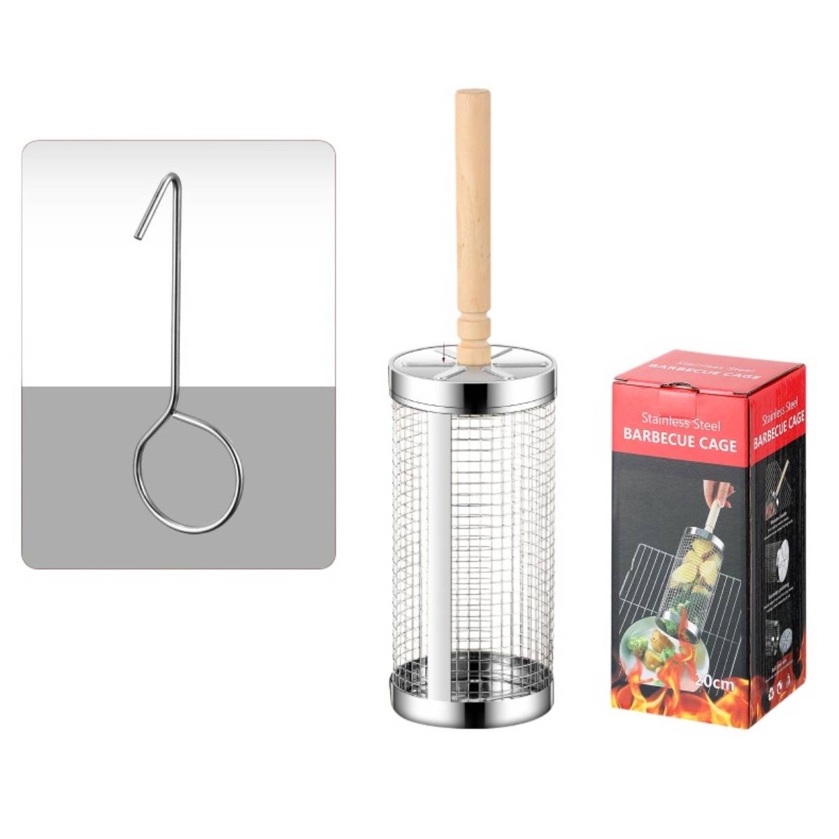 Edelstahl-Grillkorb mit Holzgriff, gezeigt mit Aufhängehaken und Produktbox.