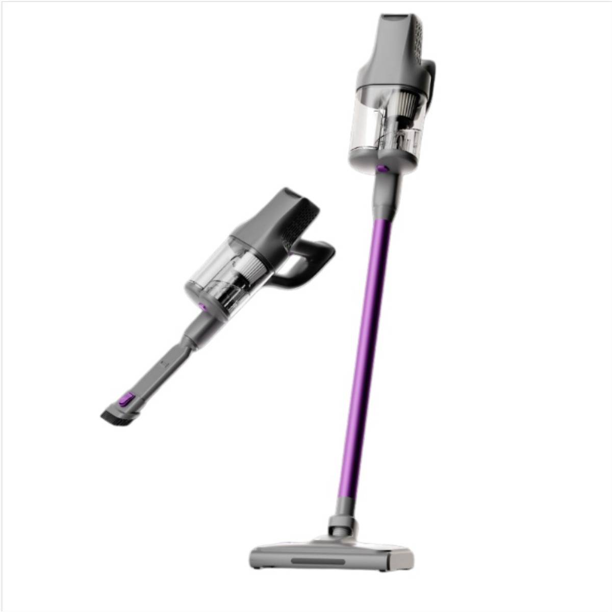 Kabelloser Stabstaubsauger mit abnehmbarer Handeinheit, aufrecht und im Handheld-Modus auf weißem Hintergrund dargestellt.