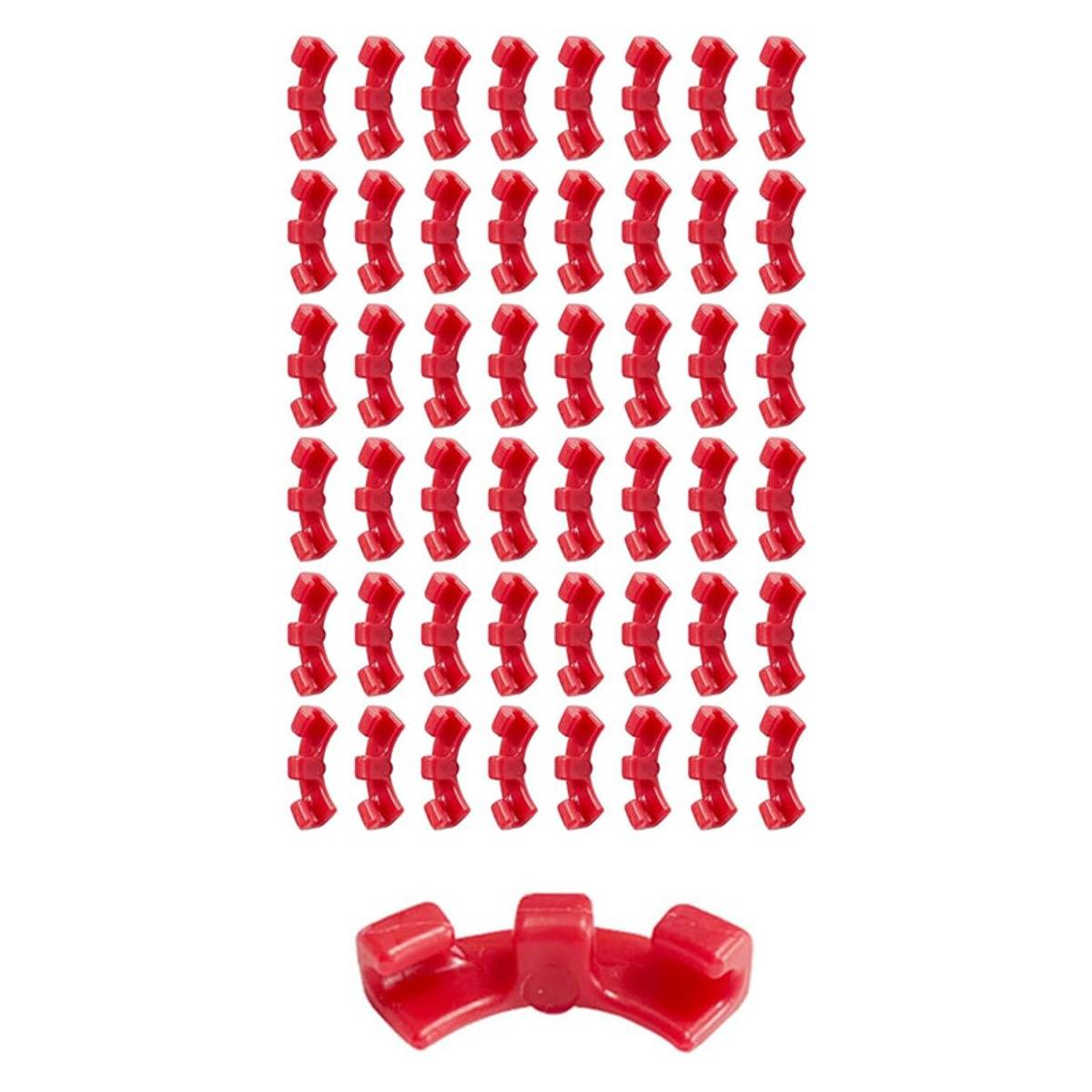 Blatt mit vielen kleinen roten Kunststoffkurvenclips, die in Reihen angeordnet sind, mit einer vergrößerten Ansicht eines Clips unten als Detaildarstellung.