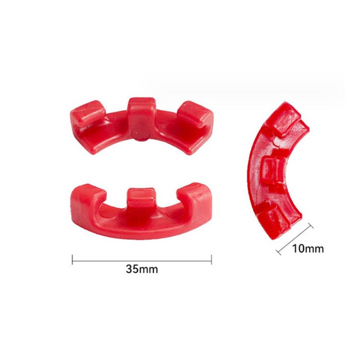 Roter Kunststoff-Federbügel aus gekrümmter Form, dargestellt aus mehreren Winkeln, mit Beschriftung 35 mm breit und 10 mm dick.