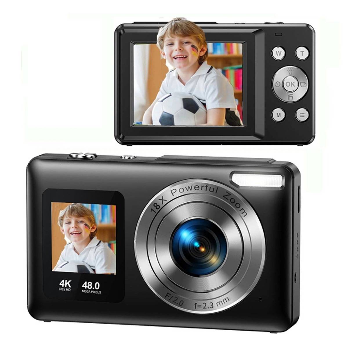 Schwarze Digitalkamera von vorne und hinten gezeigt, mit LCD-Display, das einen lächelnden Jungen zeigt, der einen Fußball hält; Objektiv markiert mit „18X Powerful Zoom" und „48,0 Megapixel"".