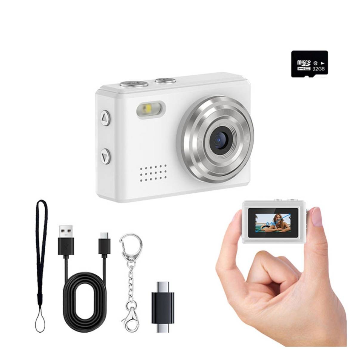 Weiße kompakte Digitalkamera mit USB-Kabel, Umhängeband, Adapter, microSD-Karte und Hand, die sie hält, um den rückseitigen Bildschirm zu zeigen.