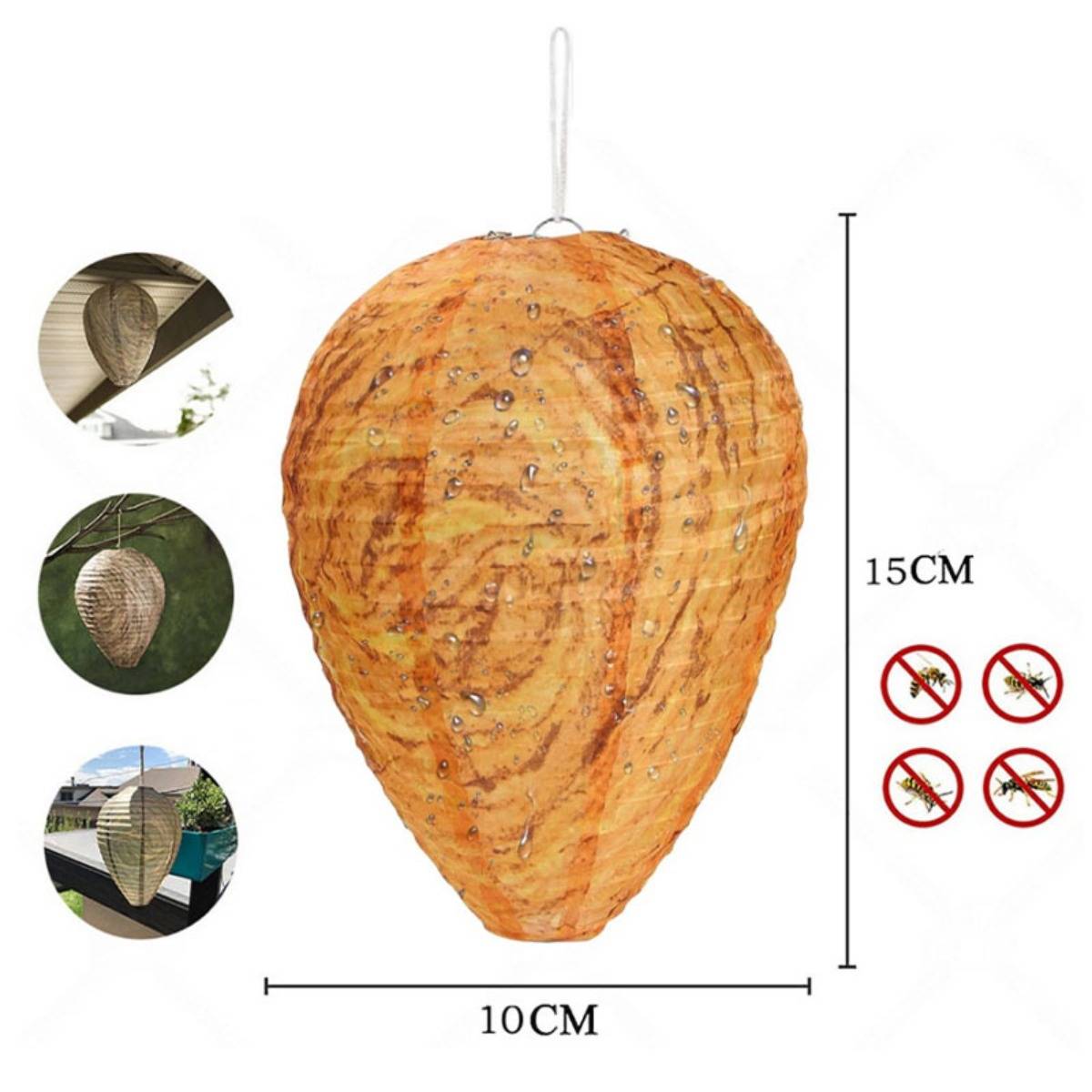 Tropfenförmige hängende Insektenfalle oder Nest, gezeigt mit Verwendungsbeispielen; Abmessungen mit 15 cm Höhe und 10 cm Breite beschriftet, mit Schädlingsbekämpfungssymbolen.