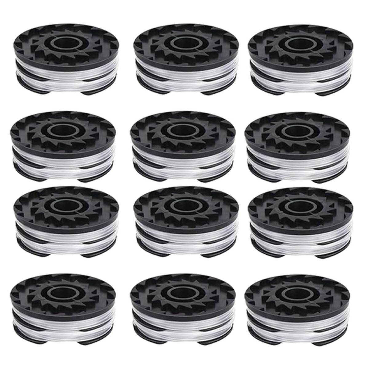 Neun schwarze spulenähnliche Rollen aus klarem Filament in einem 3x3-Raster auf weißem Hintergrund angeordnet.