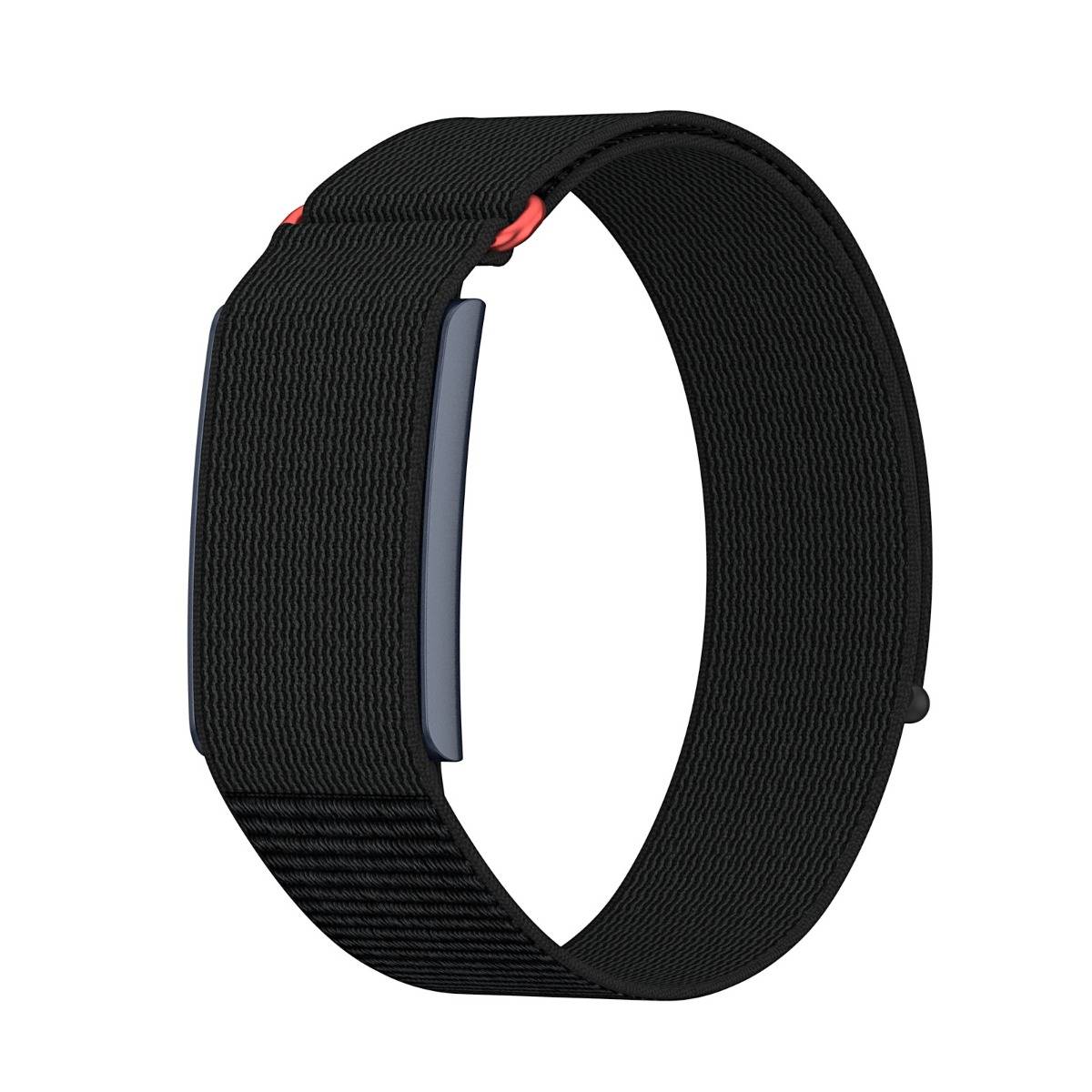Schwarzes Fitness-Tracker-Armband mit strukturiertem verstellbarem Riemen und einer kleinen zentralen Schließe, auf weißem Hintergrund dargestellt.