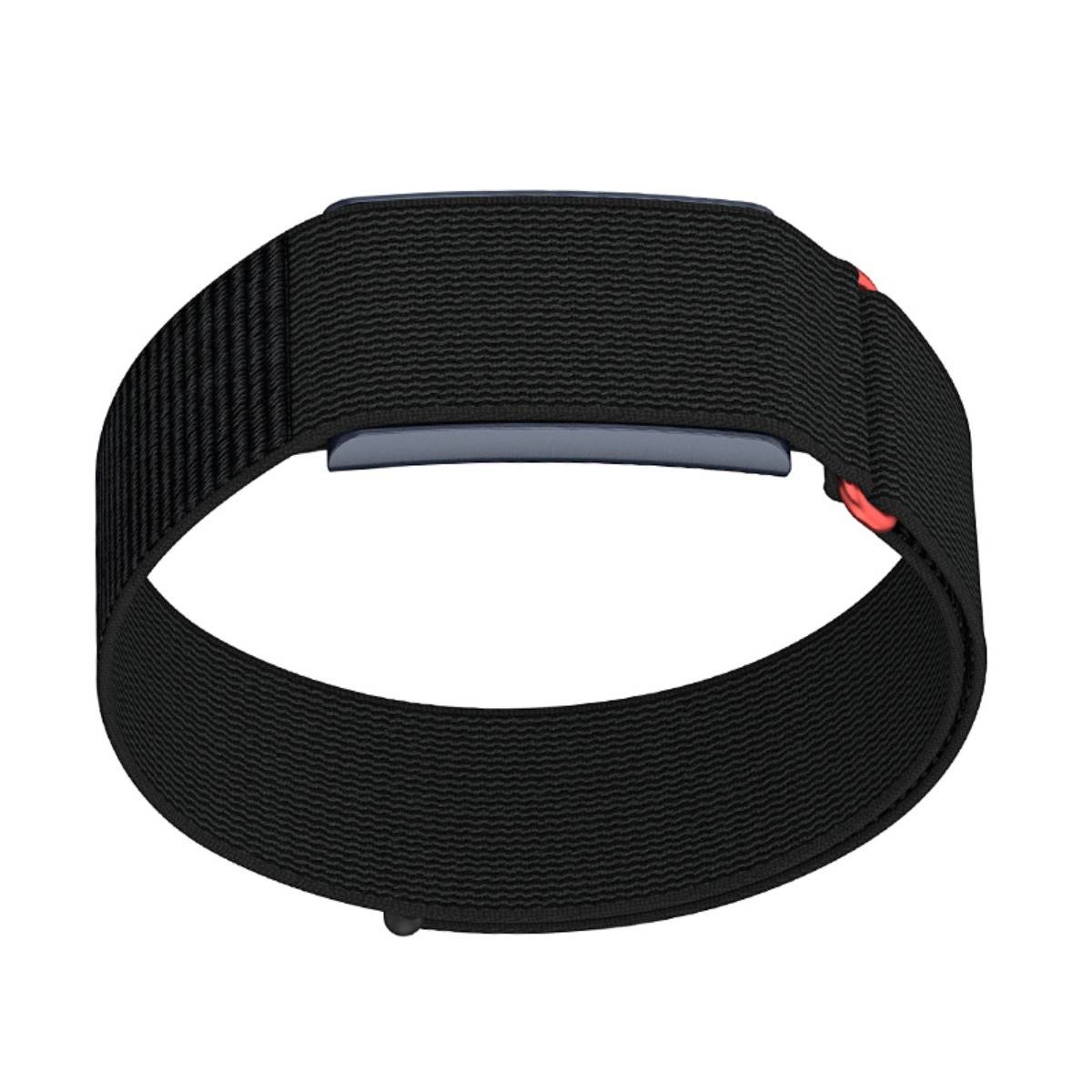 Schwarzes verstellbares Nylon-Handgelenkband mit grauer Schnalle und kleinem rotem Akzent, auf weißem Hintergrund abgebildet.