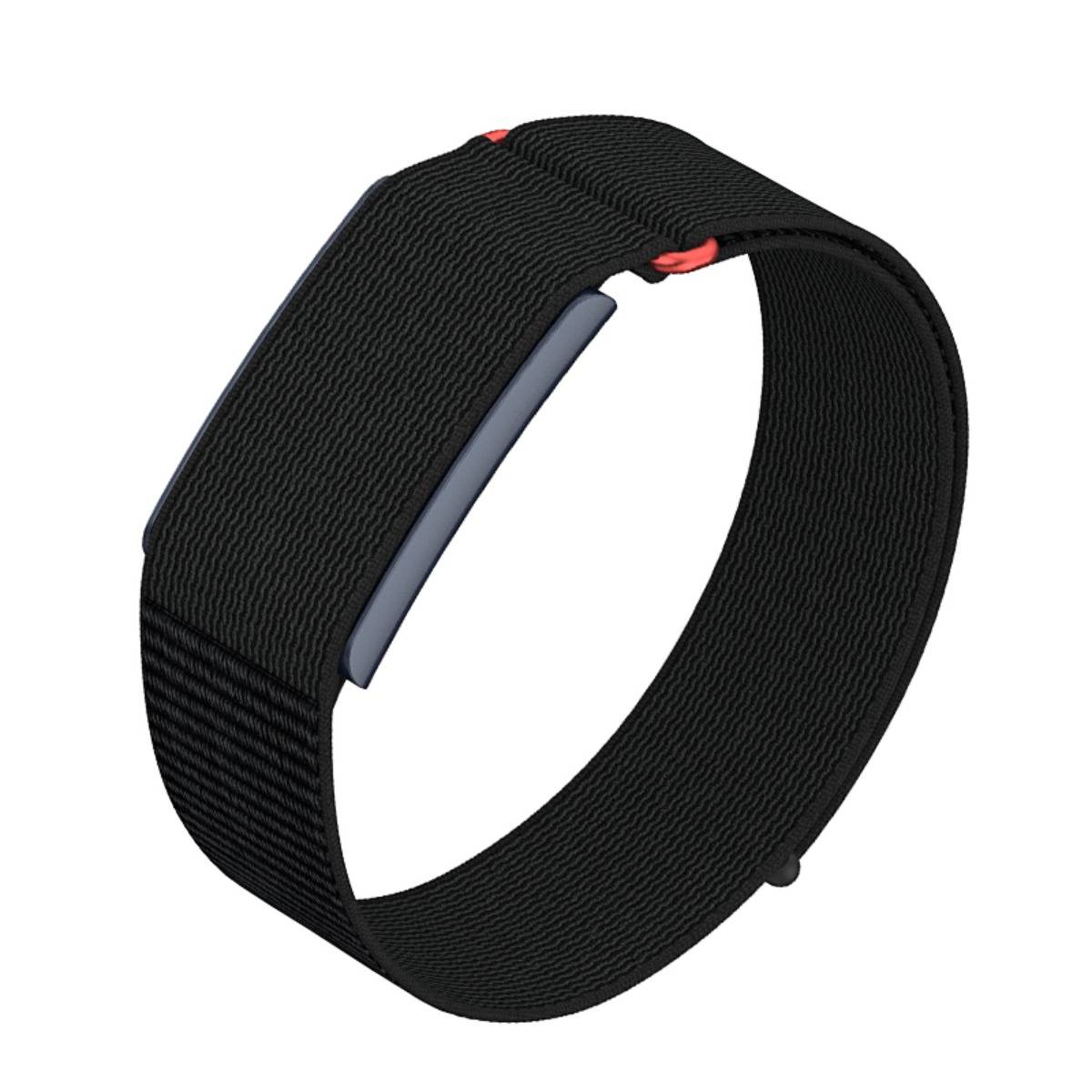 Schwarzes strukturiertes Fitness-Tracker-Armband mit rechteckigem seitlichem Display und kleinem rotem Akzent, gezeigt auf weißem Hintergrund.