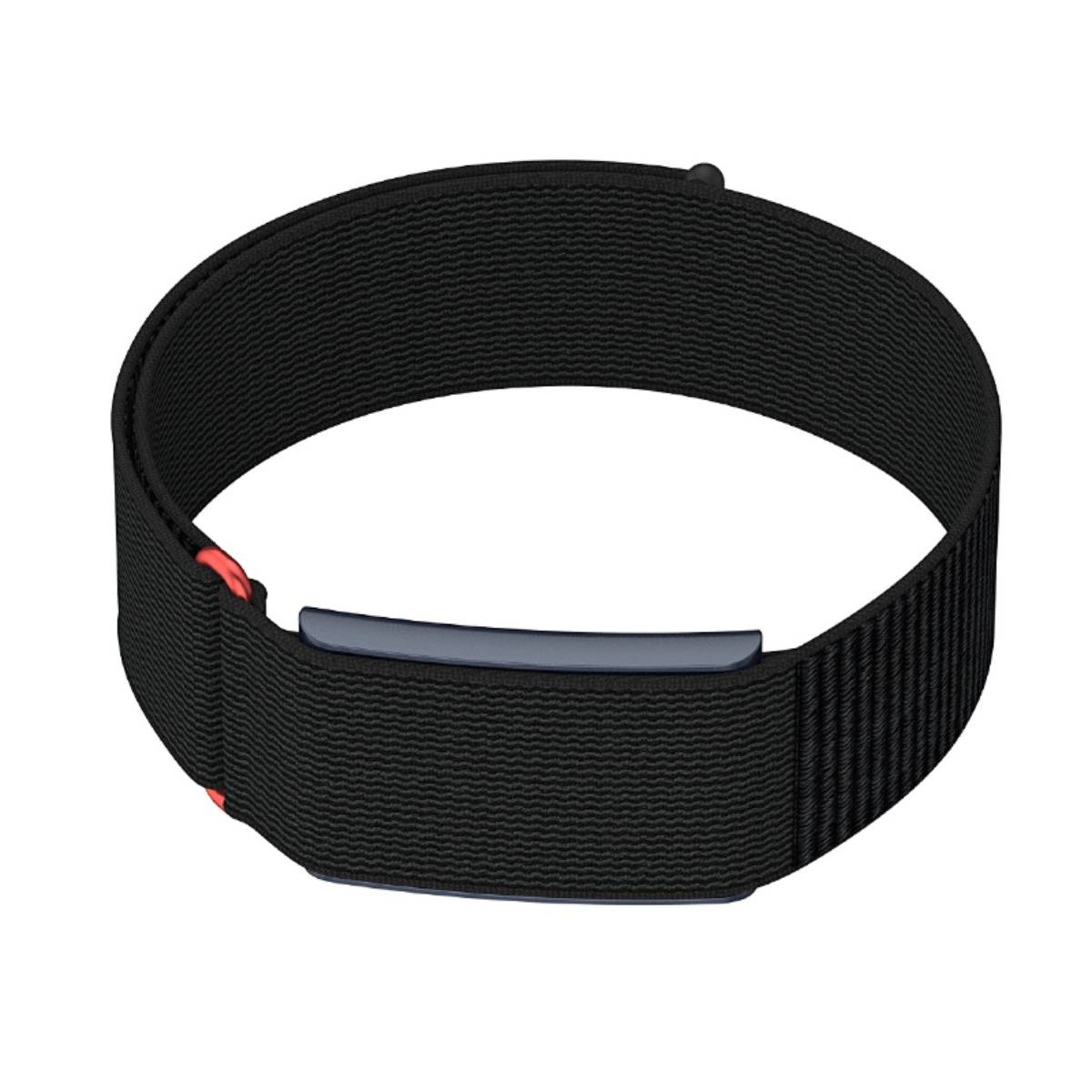 Schwarzes verstellbares Nylon-Armband oder Handgelenksband mit grauem Verschluss und kleinen roten Akzenten, gezeigt auf weißem Hintergrund.