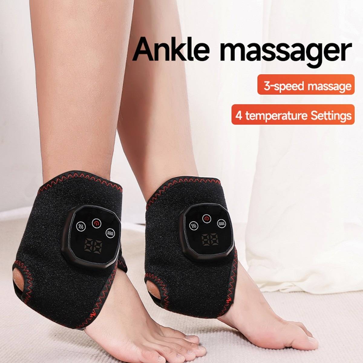 Person, der schwarze Fußmassagegeräte an beiden Knöcheln trägt, mit Text, der „3-Geschwindigkeits-Massage" und „4 Temperatureinstellungen"" bewirbt.