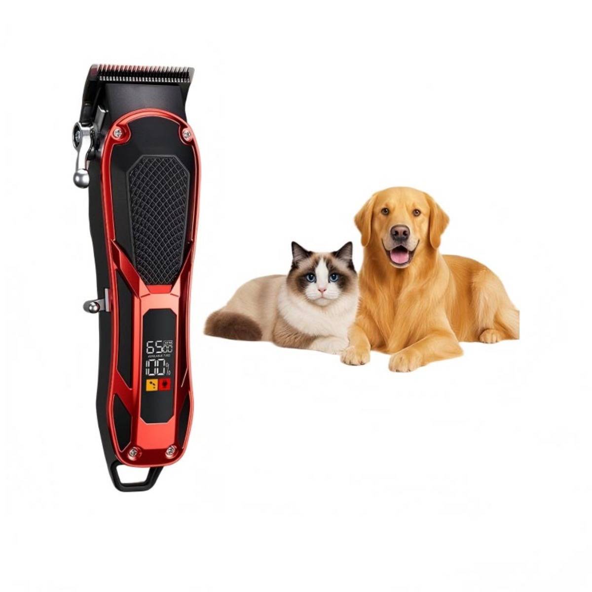Kabelloses Haustierhaarschneidegerät neben einer Katze und einem Hund, das ein Grooming-Werkzeug zum Trimmen von Tierfell zeigt.