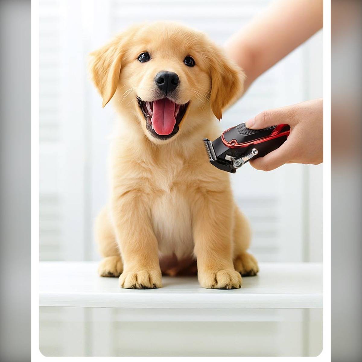 Glücklicher Golden-Retriever-Welpe wird auf einem Tisch mit elektrischen Clippern gepflegt.