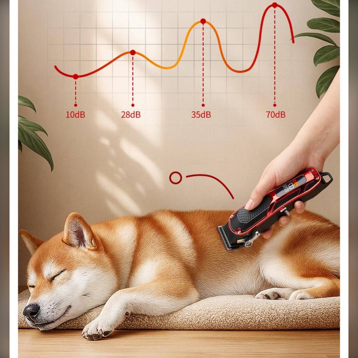 Eine Hand, die eine Haustierschermaschine hält, schneidet einen schlafenden Hund; ein gekrümmtes Diagramm oben kennzeichnet Lautstärkepegel mit 10dB, 28dB, 35dB und 70dB, um den ruhigen Betrieb zu zeigen.