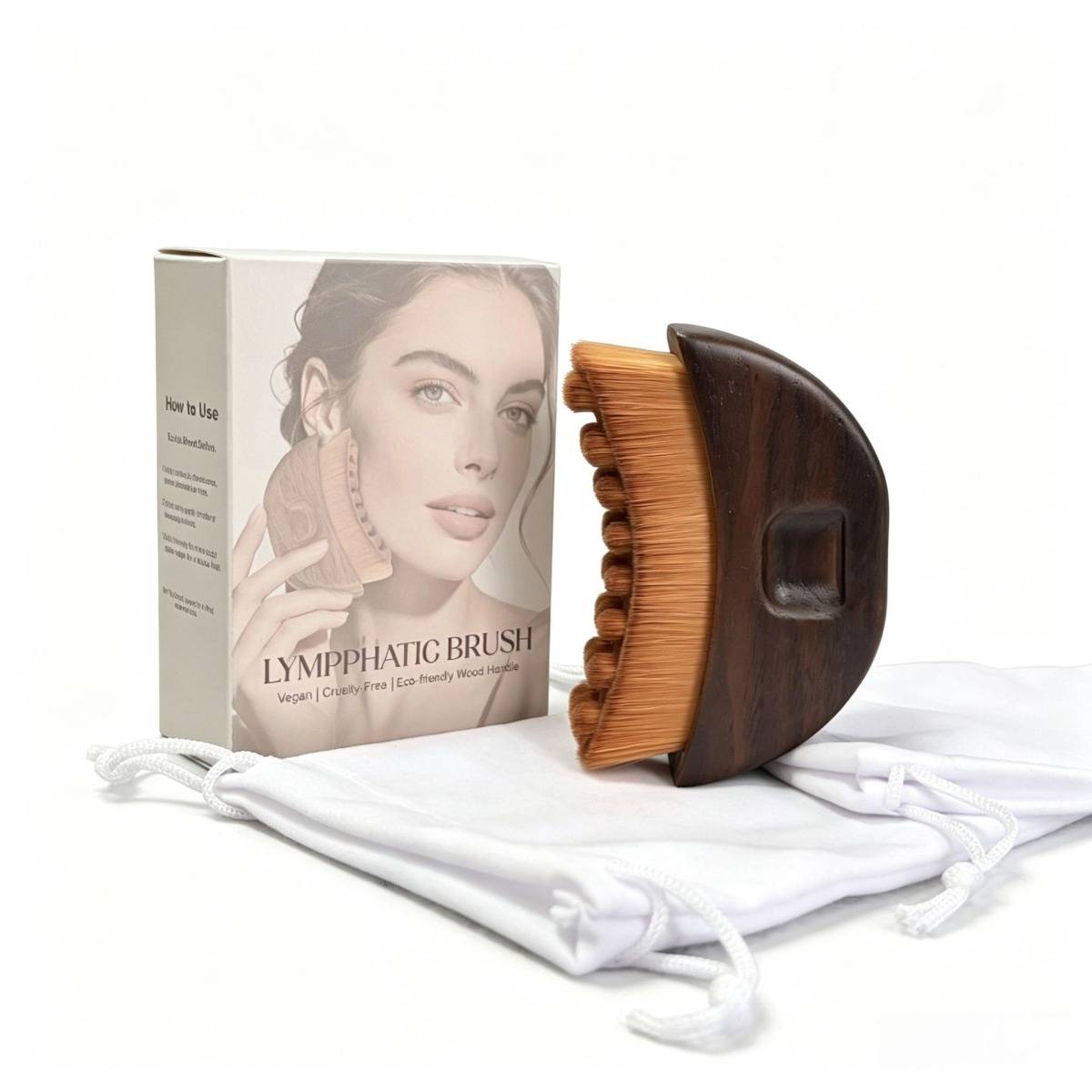 Lymphatische Bürste Produktfoto, das eine hölzerne Gesichtsbürste neben ihrer Schachtel und einem weißen Jutebeutel mit Zugband zeigt.