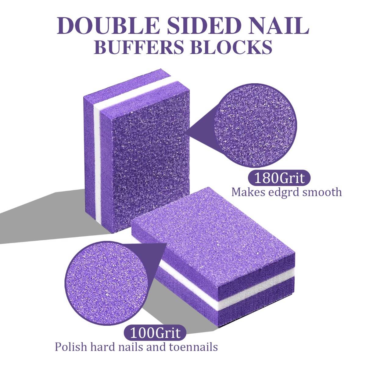 Produktbild von violetten doppelseitigen Nagelfeilen-Blöcken mit 180er Körnung zum Glätten von Kanten und 100er Körnung zum Polieren von harten Finger- und Zehennägeln.