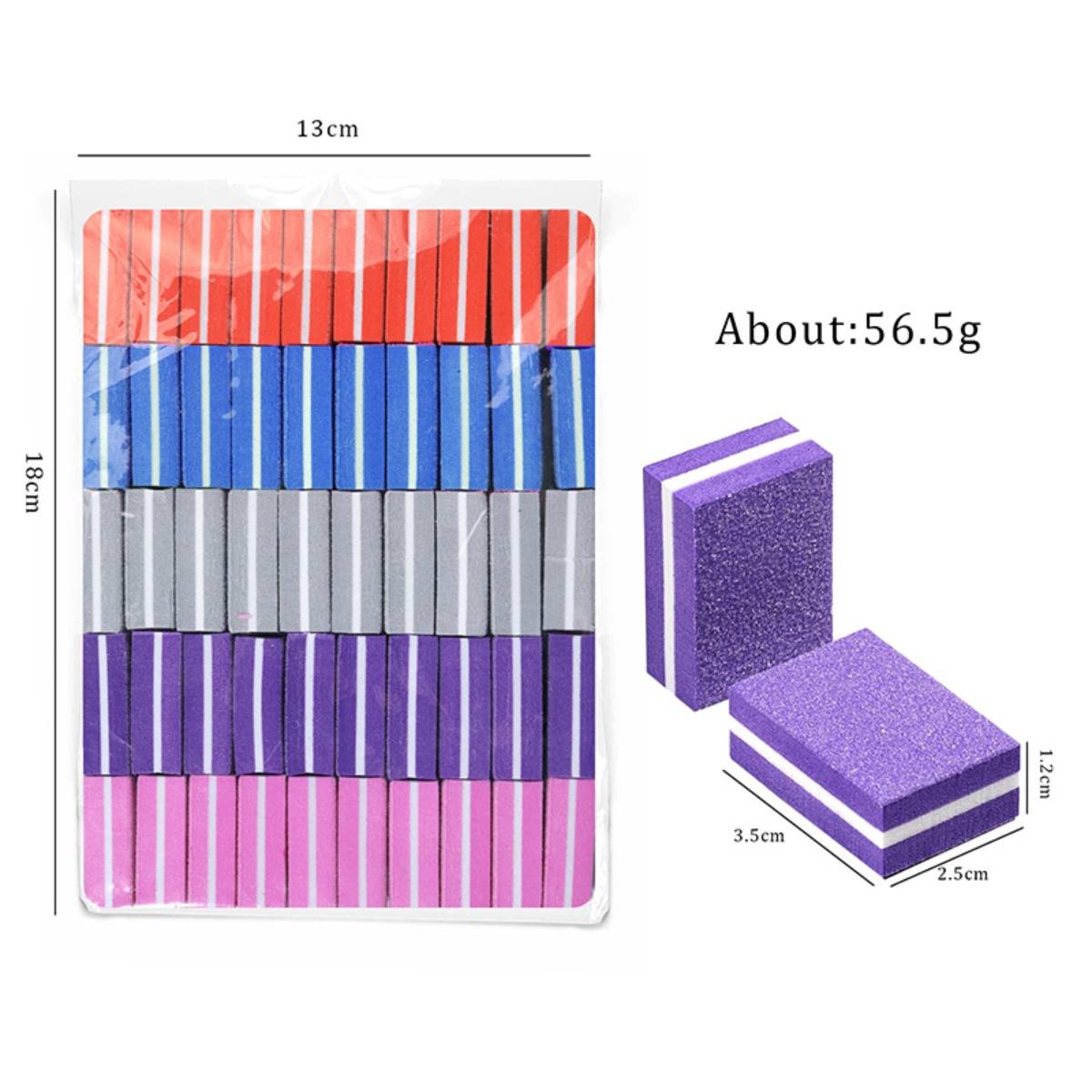 Bild von farbigen Mini-Schleifschwämmen, die in einer 13 cm x 18 cm großen Packung gezeigt werden, mit einem Musterschwamm mit einer Gewichtsangabe von etwa 56,5 g und Abmessungen von 3,5 cm x 2,5 cm x 1,2 cm.