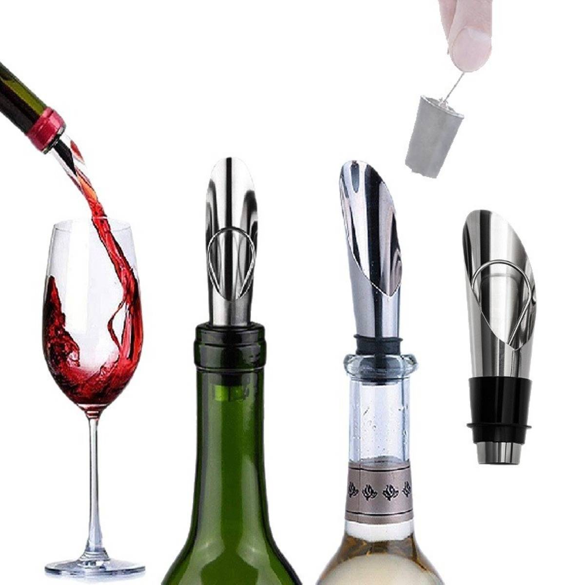 Wein wird in ein Glas neben drei Flaschenausgießern gegossen, während eine Hand einen vierten Stopfen einsetzt, wobei verschiedene Webelüfter- oder Stopfendesigns gezeigt werden.