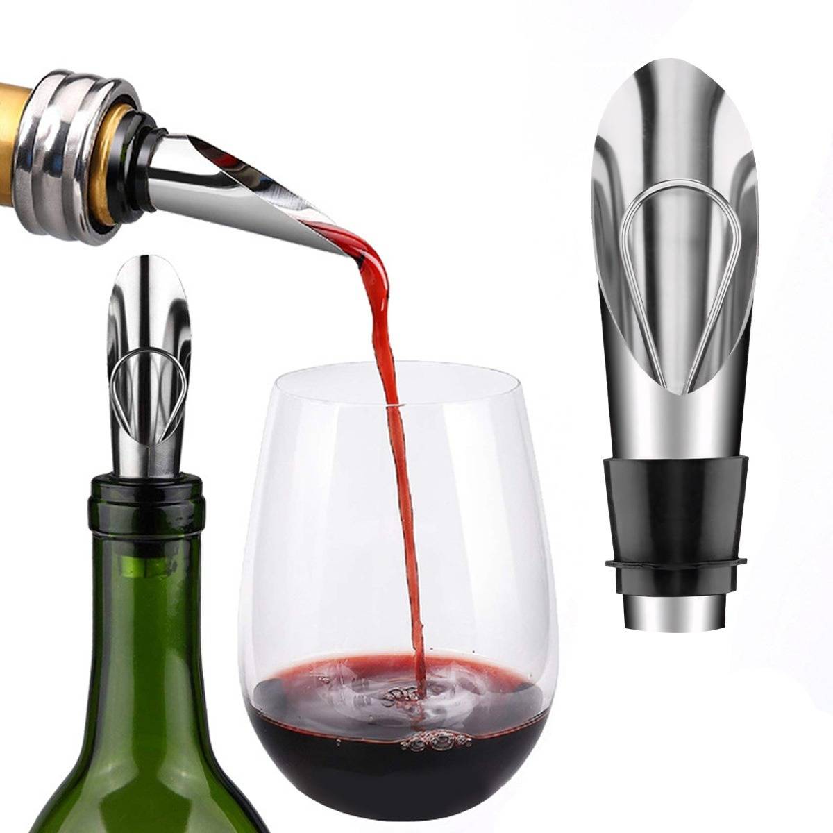Weinstöpsel mit Belüftungsfunktion in Gebrauch, Rotwein wird in ein Glas gegossen; Produktbilder zeigen den Edelstahlstöpsel, der in einer Flasche eingesetzt ist.