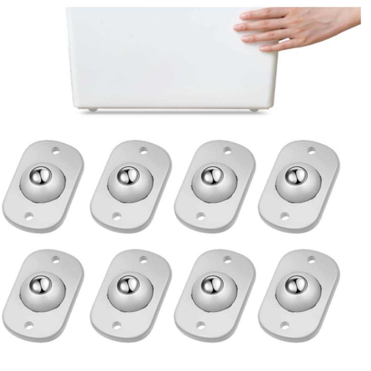 Eine Hand reicht zu einem weißen Gerät über acht silbernen magnetischen Kugelleisten, die in zwei Reihen angeordnet sind, was auf einen Schranktür-Verschlusshardware-Satz hindeutet.