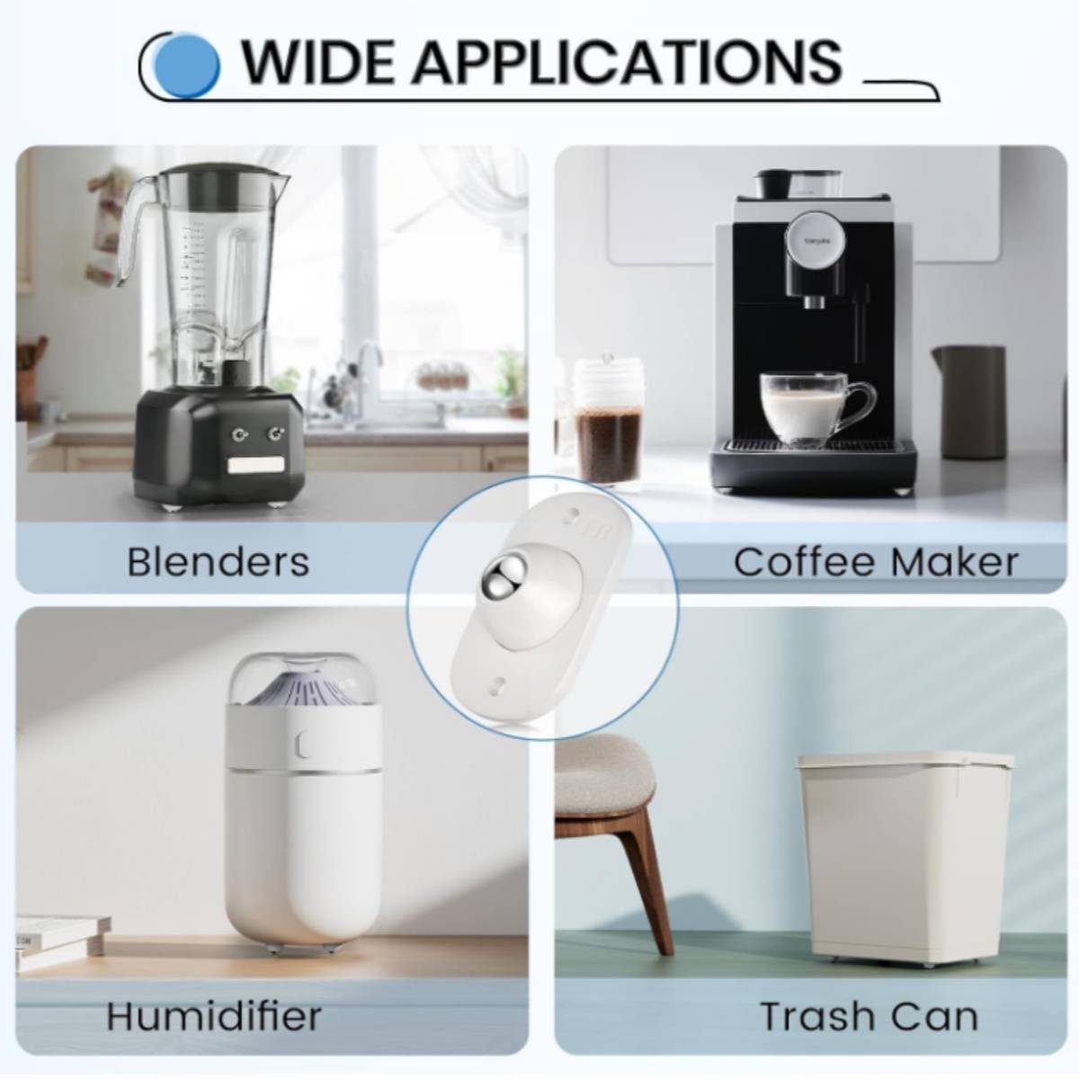 Werbegrafik mit dem Titel „VIELFÄLTIGE ANWENDUNGEN", die vier Geräte zeigt: Mixer, Kaffeemaschine, Luftbefeuchter und Mülleimer, mit einem zentralen kleinen weißen Steuerungsschalter.