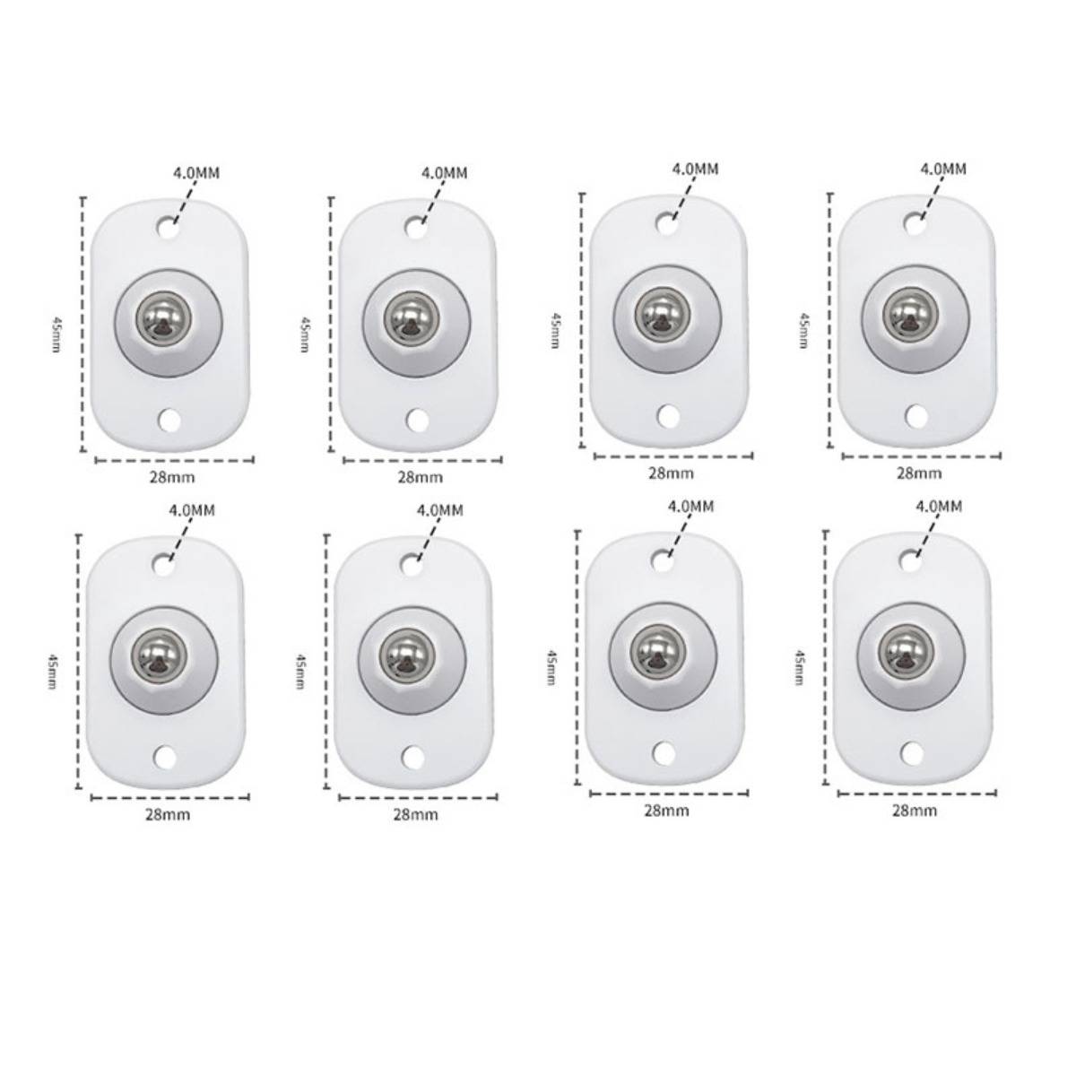 Diagramm von acht identischen weißen ovalen Montageplaten mit einem zentralen Metallring, oberer Aufhängeöffnung und unterer Öffnung; jede ist mit 28 mm Breite und 40 mm Höhe gekennzeichnet.