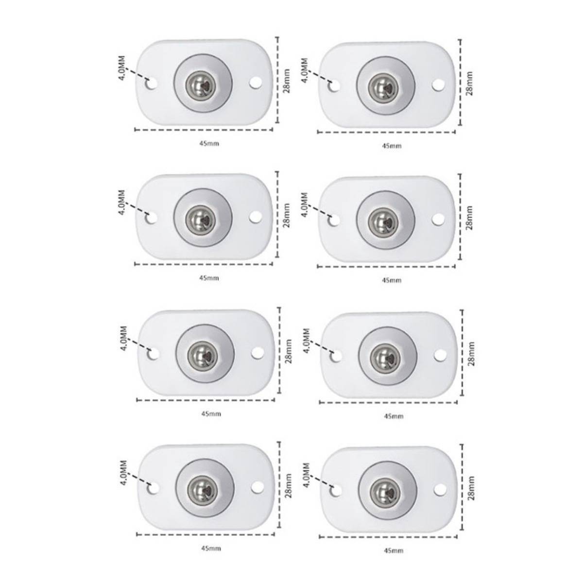 Diagramm von acht identischen ovalen Befestigungsplatten mit Mittellöchern, jede mit einer Breite von 45 mm und einer Höhe von 28 mm, mit 4,0 mm Seitenlöchern.