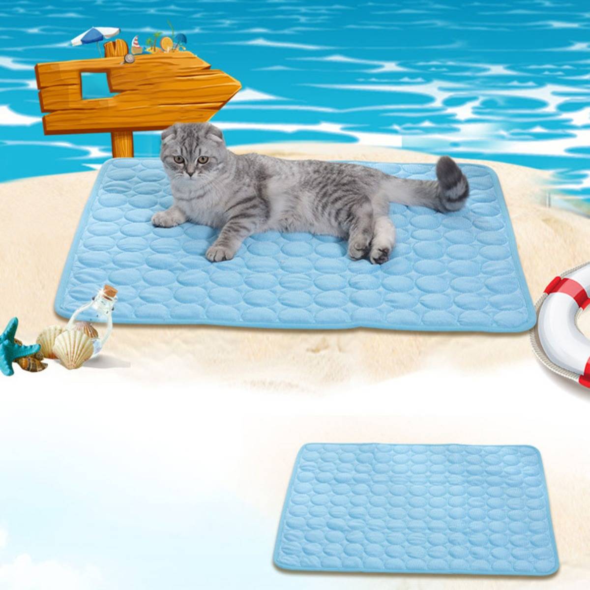 Graue Katze, die auf einer blauen Kühlmatte neben einer strandthematisierten Poolszene liegt; eine zweite leere Matte wird unten gezeigt.