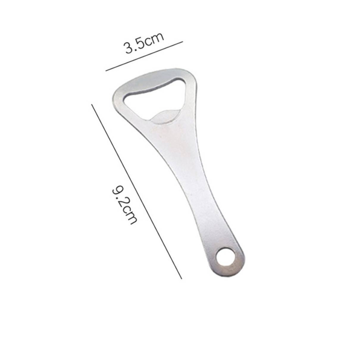 Silberner Flaschenöffner auf weißem Hintergrund, beschriftet mit 3,5 cm Breite und 9,2 cm Länge.