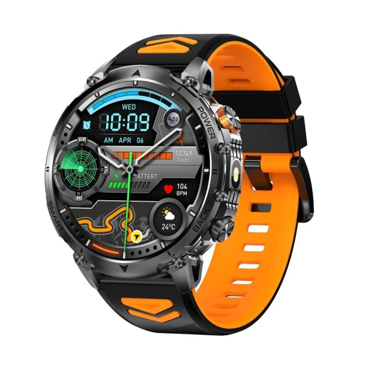 Robuste schwarze und orange Smartwatch mit digitalem Analogstil-Zifferblatt, das Uhrzeit, Datum, Schritte, Herzfrequenz und Wetter auf weißem Hintergrund anzeigt.